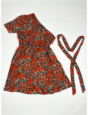 Платье с поясом SHEIN S Красное в цветочный принт BTG-0052